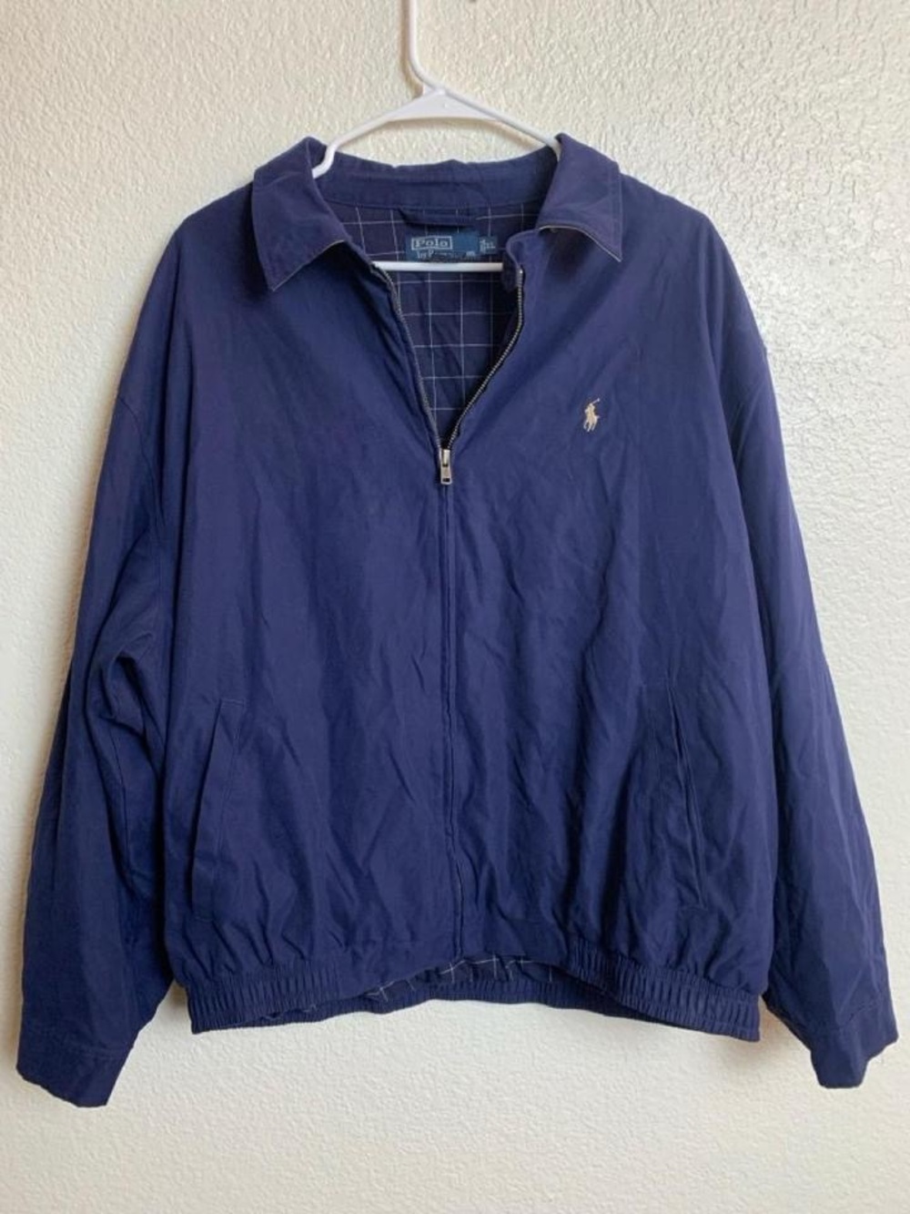 VTG 90s Polo by Ralph Lauren Navy Blue Windowpane Grid Lined Windbreaker XL